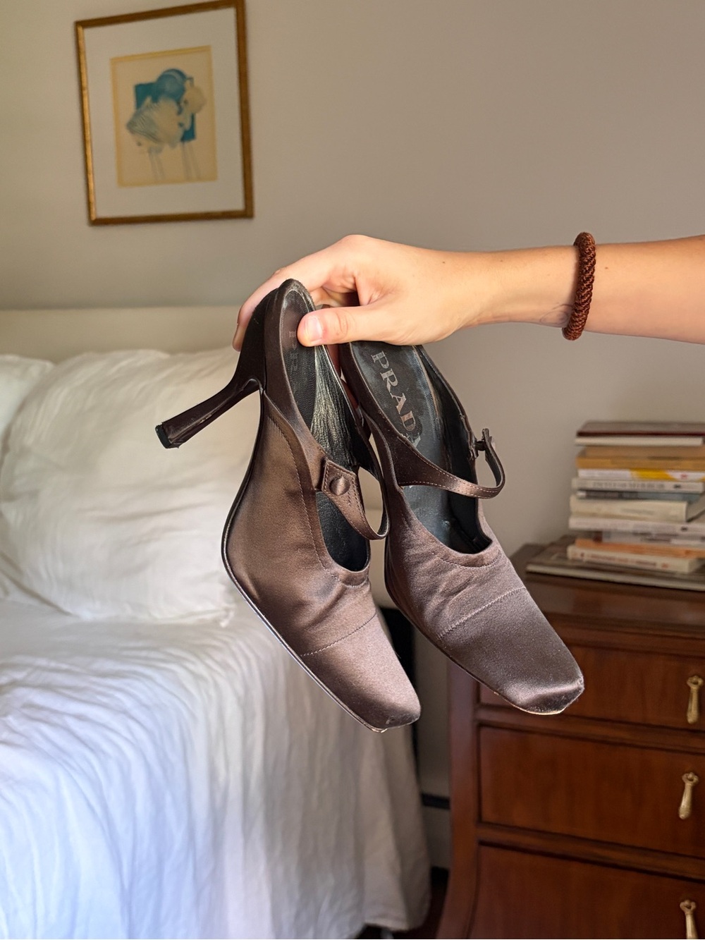 Prada Brown Satin Mary Jane Heels with Strap